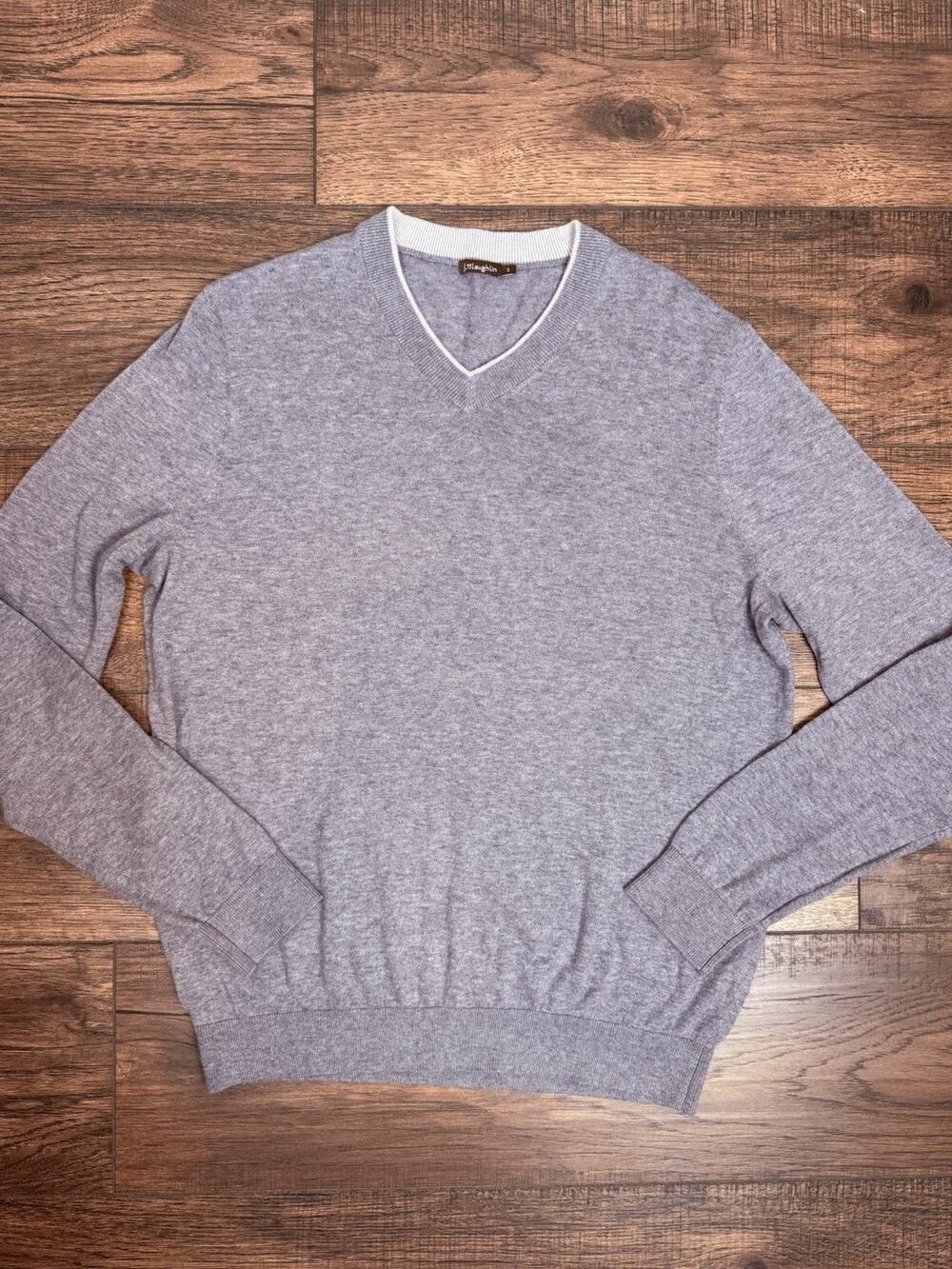 J McLaughlin Mens Sz Small Cashmere Blend V-Neck Gray Sweater Lightweight